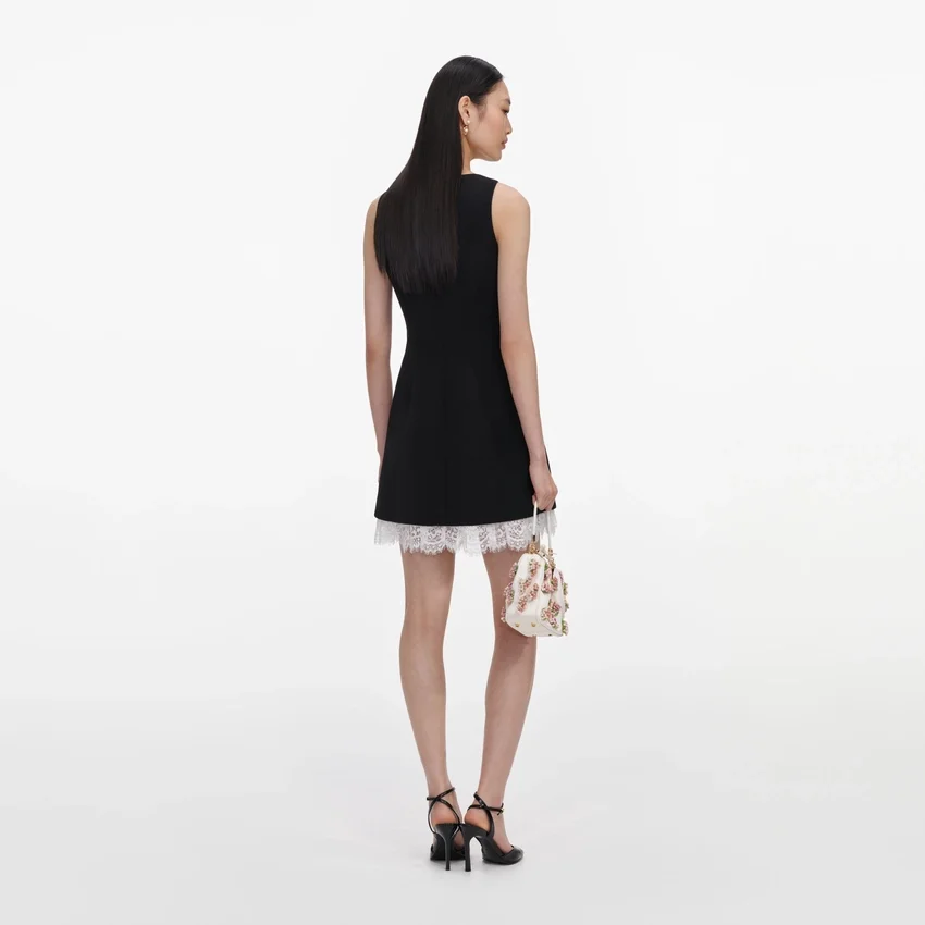 Black Crepe Bow Lace Mini Dress Black Crepe Bow Lace Mini Dress