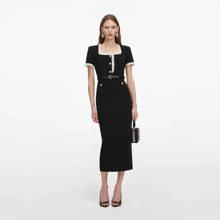 Black Crepe Contrast Frill Midi Dress Black Crepe Contrast Frill Midi Dress