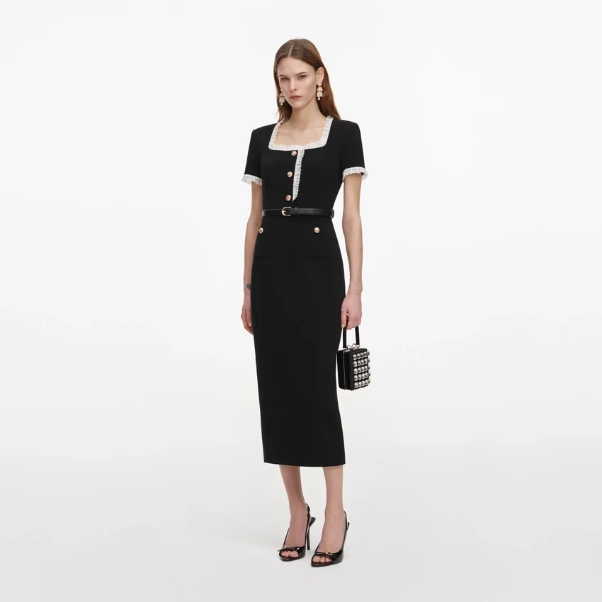 Black Crepe Contrast Frill Midi Dress Black Crepe Contrast Frill Midi Dress