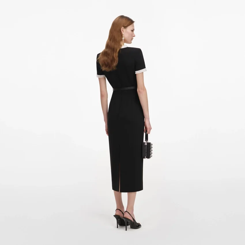 Black Crepe Contrast Frill Midi Dress Black Crepe Contrast Frill Midi Dress