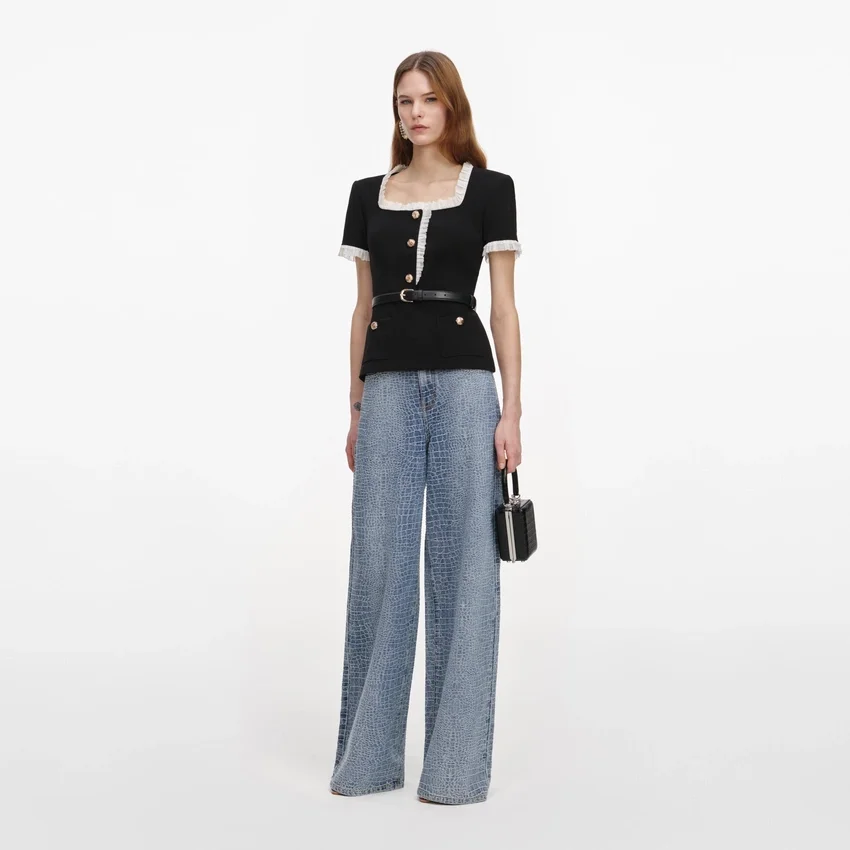 Black Crepe Contrast Frill Top Black Crepe Contrast Frill Top