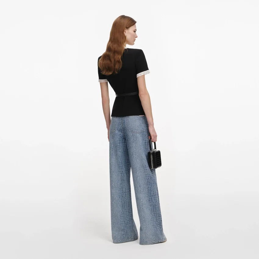 Black Crepe Contrast Frill Top Black Crepe Contrast Frill Top