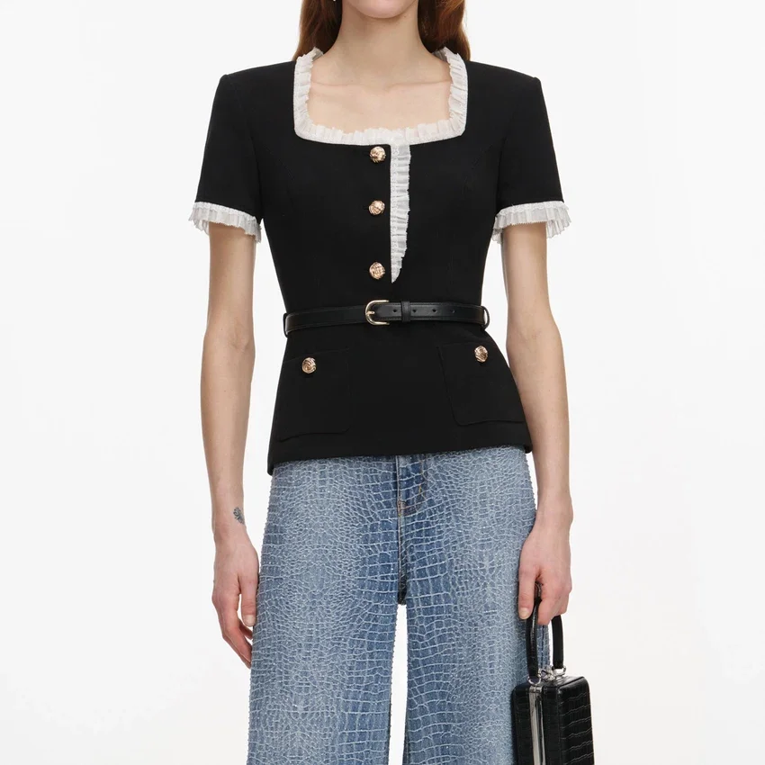 Black Crepe Contrast Frill Top Black Crepe Contrast Frill Top