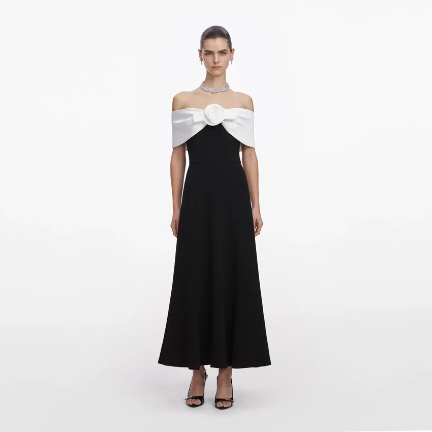 Black Crepe Flower Midi Dress Black Crepe Flower Midi Dress