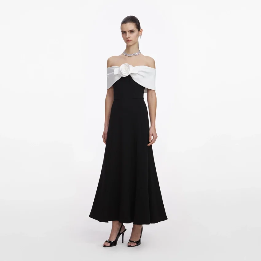 Black Crepe Flower Midi Dress Black Crepe Flower Midi Dress