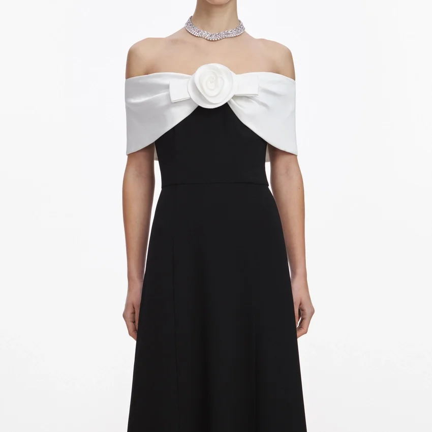 Black Crepe Flower Midi Dress Black Crepe Flower Midi Dress