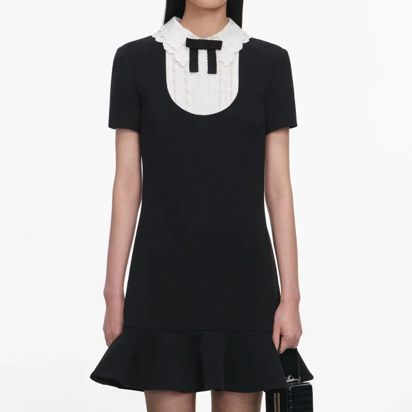 Black Crepe Lace Bib Mini Dress Black Crepe Lace Bib Mini Dress