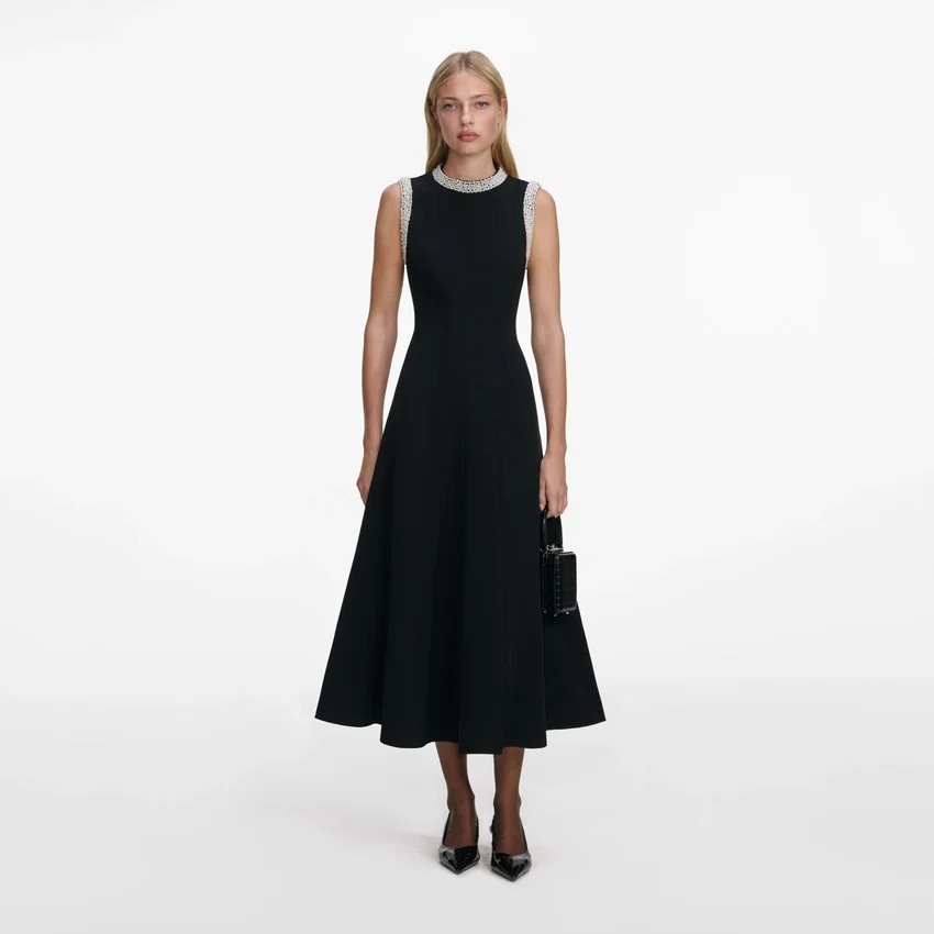 Black Crepe Pearl Trim Midi Dress Black Crepe Pearl Trim Midi Dress
