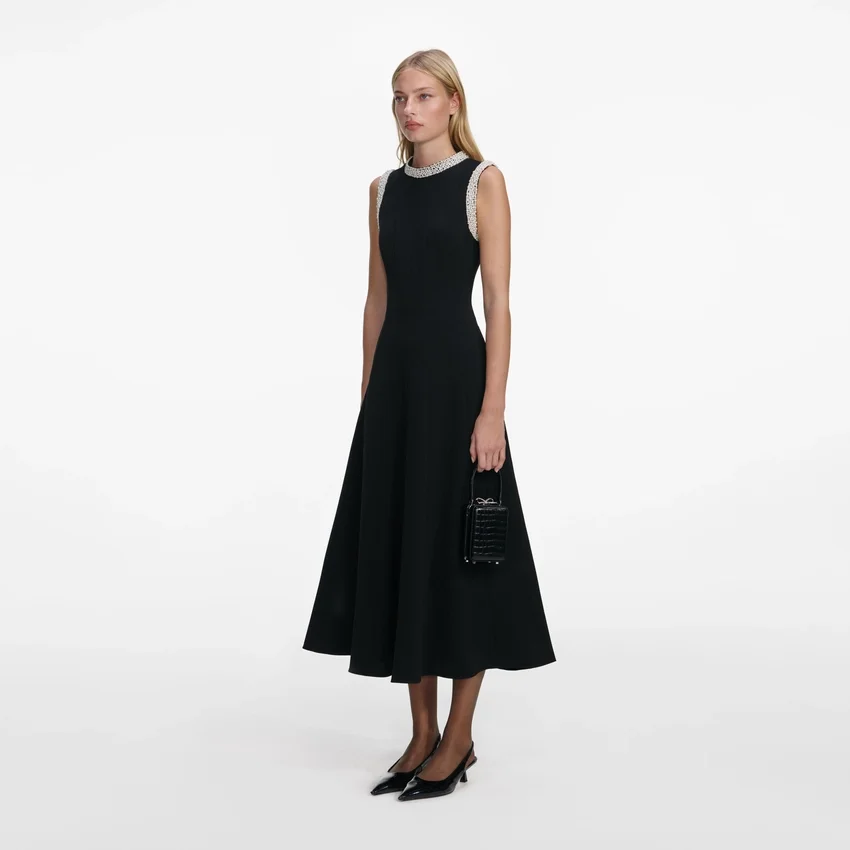 Black Crepe Pearl Trim Midi Dress Black Crepe Pearl Trim Midi Dress
