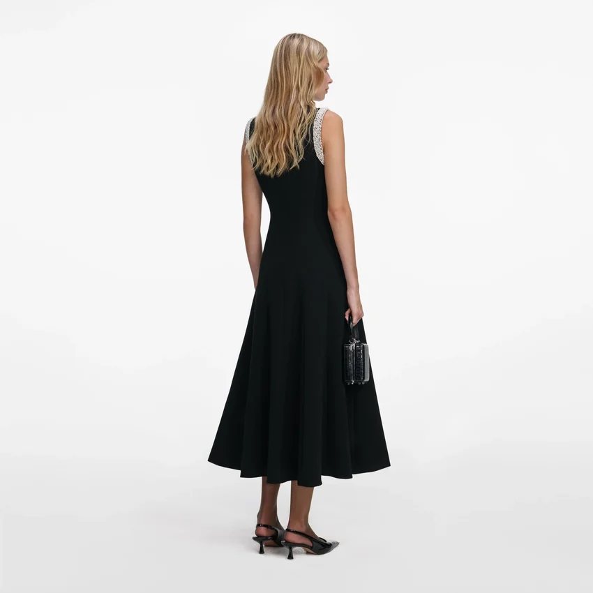 Black Crepe Pearl Trim Midi Dress Black Crepe Pearl Trim Midi Dress