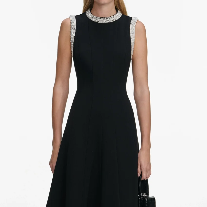 Black Crepe Pearl Trim Midi Dress Black Crepe Pearl Trim Midi Dress