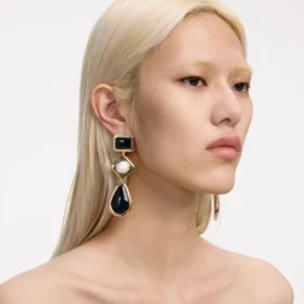 Black Enamel Gold Three Tiered Earrings