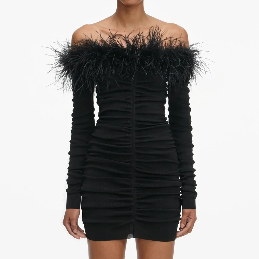 Black Feather Viscose Knit Mini Dress Black Feather Viscose Knit Mini Dress