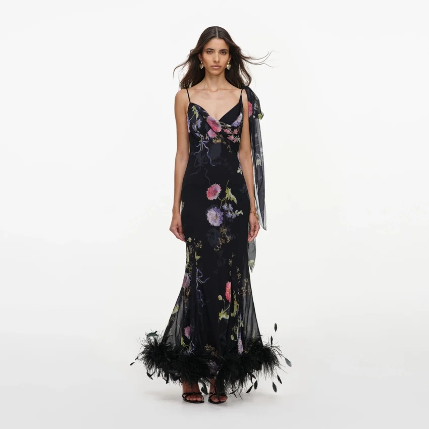 Black Floral Georgette Feather Maxi Dress Black Floral Georgette Feather Maxi Dress