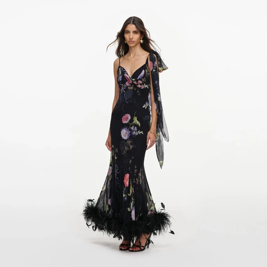 Black Floral Georgette Feather Maxi Dress Black Floral Georgette Feather Maxi Dress