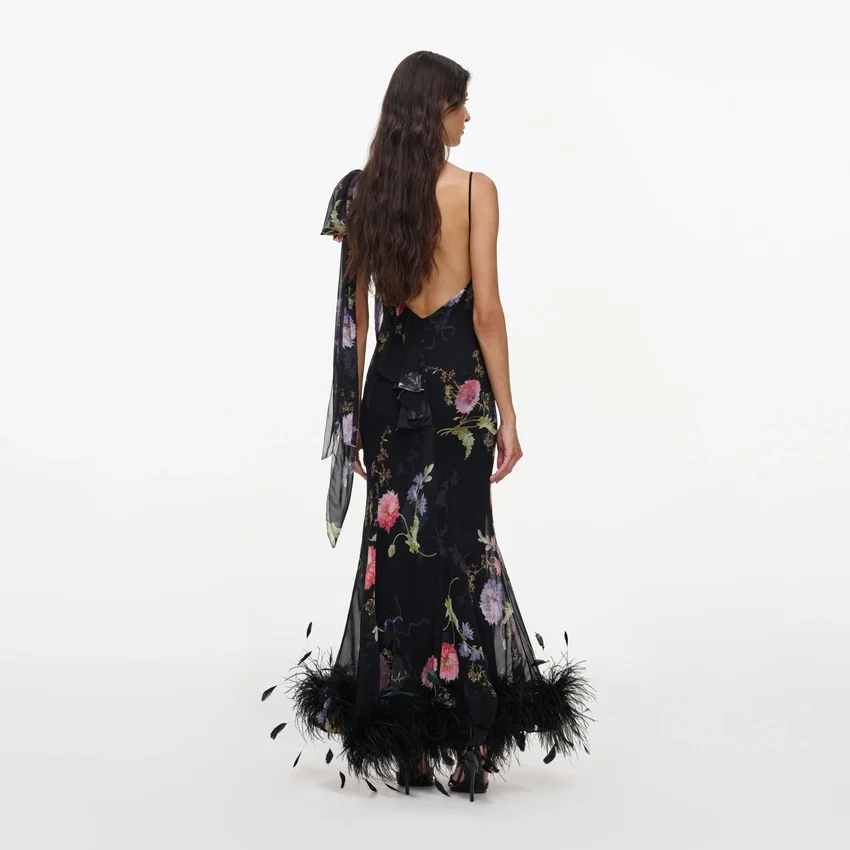 Black Floral Georgette Feather Maxi Dress Black Floral Georgette Feather Maxi Dress