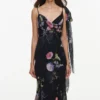 Black Floral Georgette Feather Maxi Dress Black Floral Georgette Feather Maxi Dress