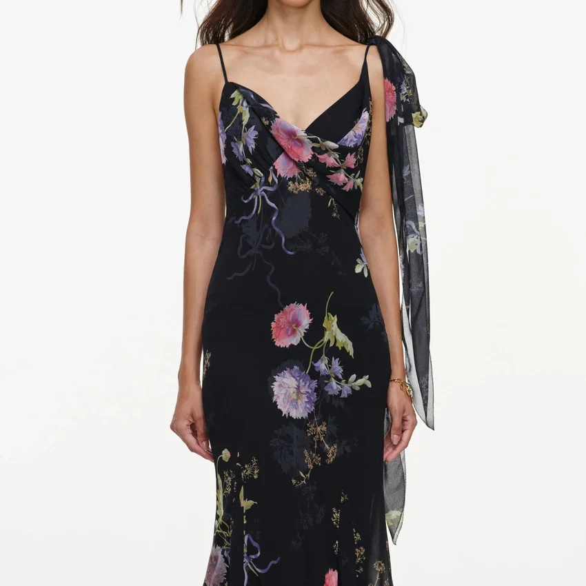 Black Floral Georgette Feather Maxi Dress Black Floral Georgette Feather Maxi Dress