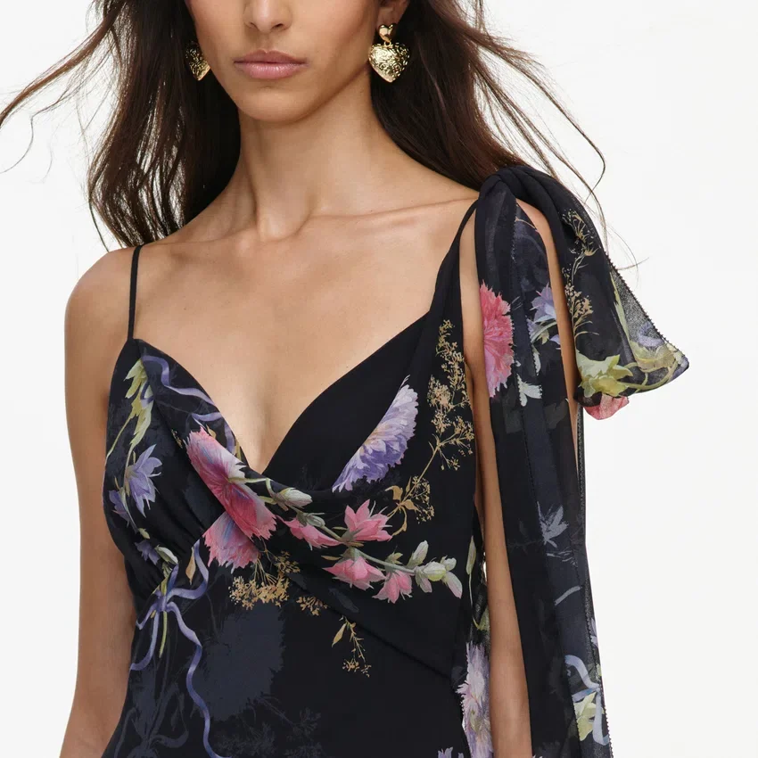 Black Floral Georgette Feather Maxi Dress Black Floral Georgette Feather Maxi Dress