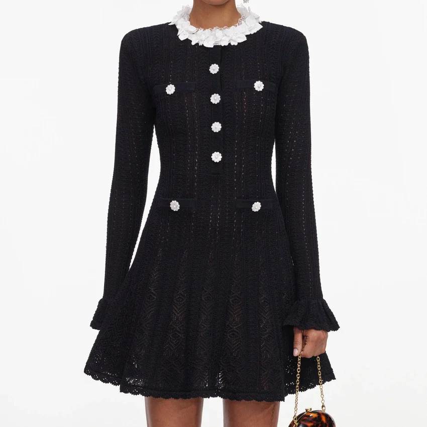 Black Flower Trim Knit Mini Dress Black Flower Trim Knit Mini Dress