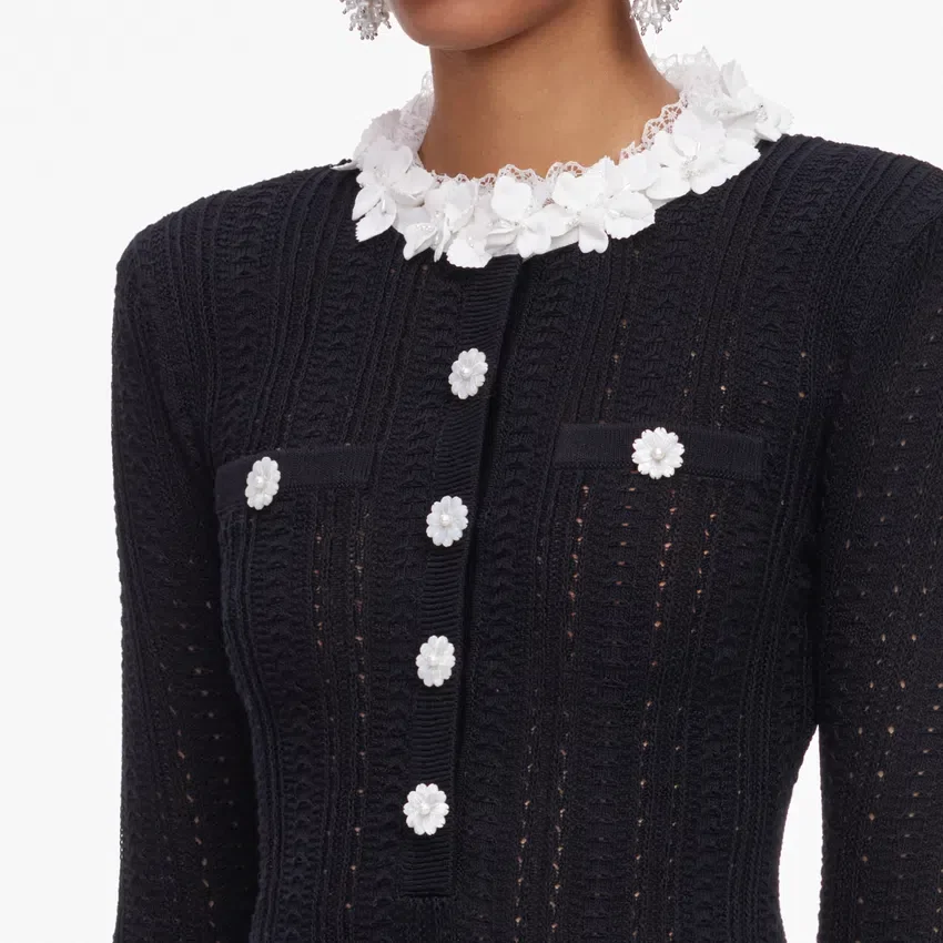 Black Flower Trim Knit Mini Dress Black Flower Trim Knit Mini Dress