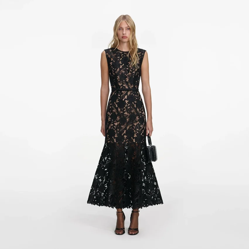 Black Guipure Lace Midi Dress Black Guipure Lace Midi Dress