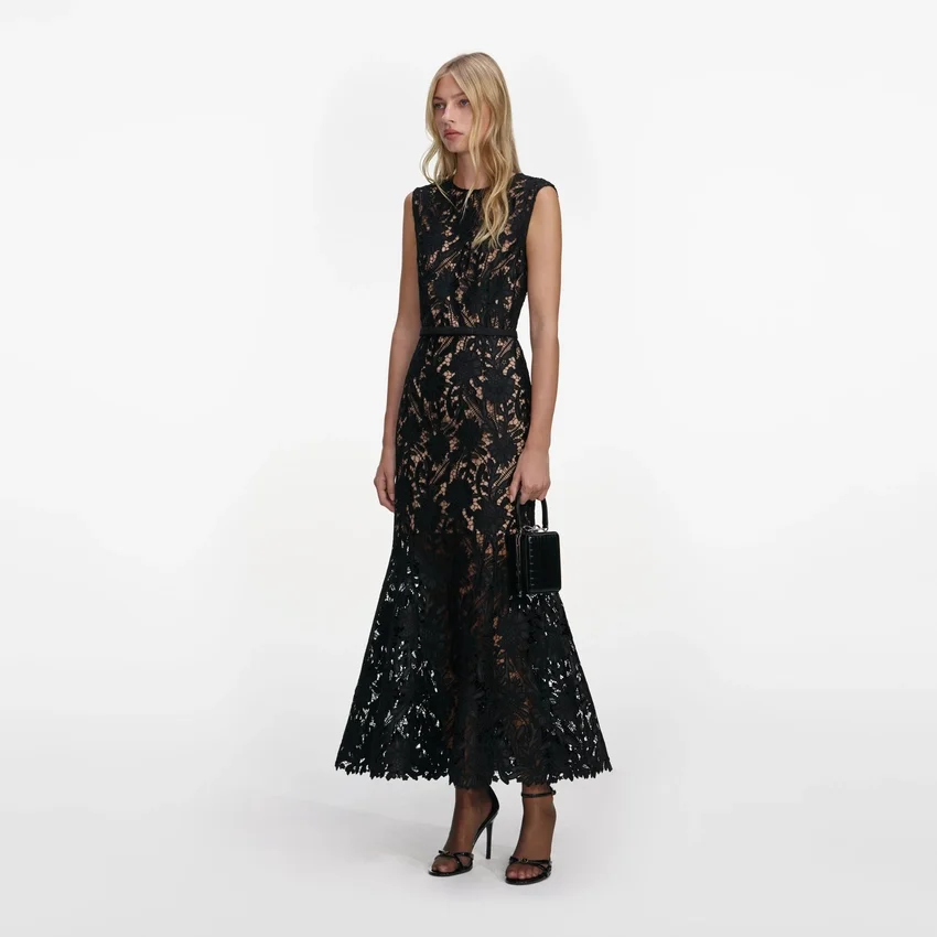 Black Guipure Lace Midi Dress Black Guipure Lace Midi Dress