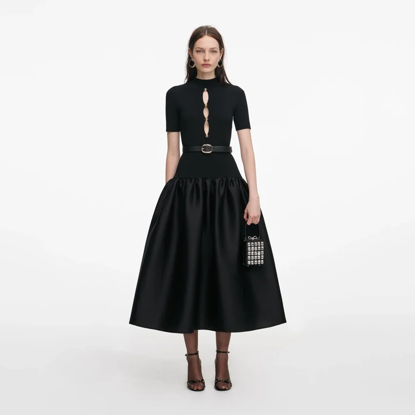 Black Knit Taffeta Midi Dress Black Knit Taffeta Midi Dress