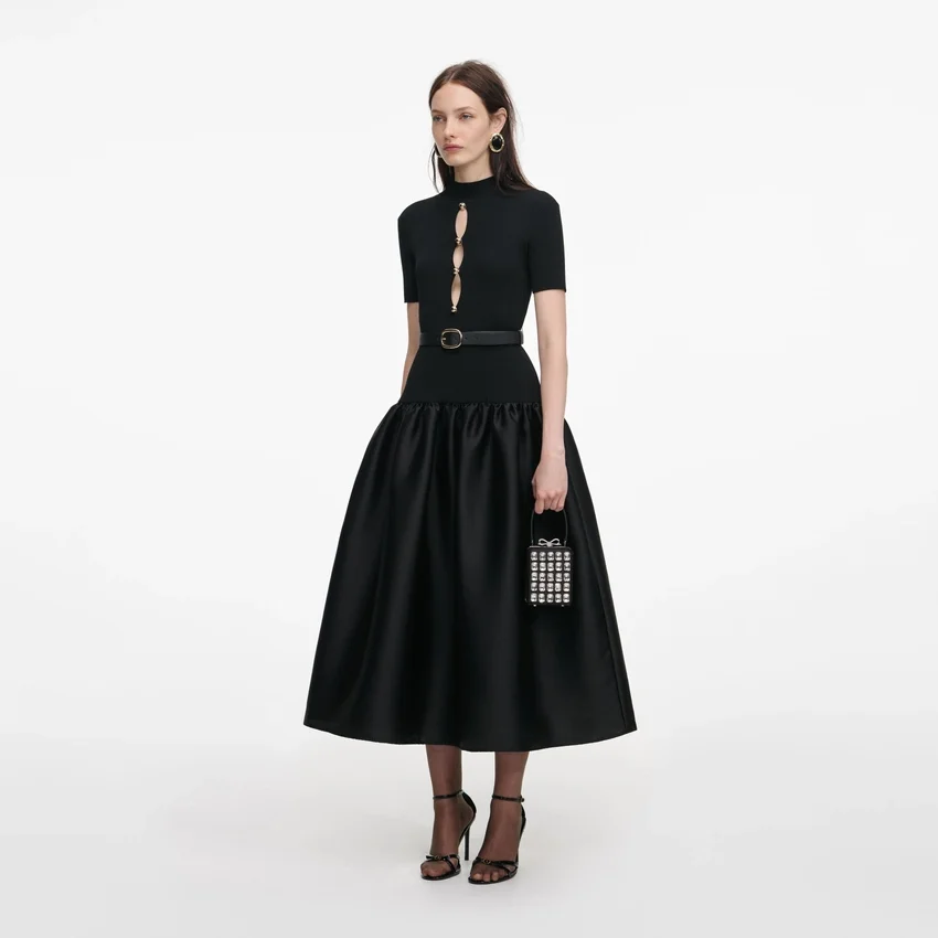 Black Knit Taffeta Midi Dress Black Knit Taffeta Midi Dress