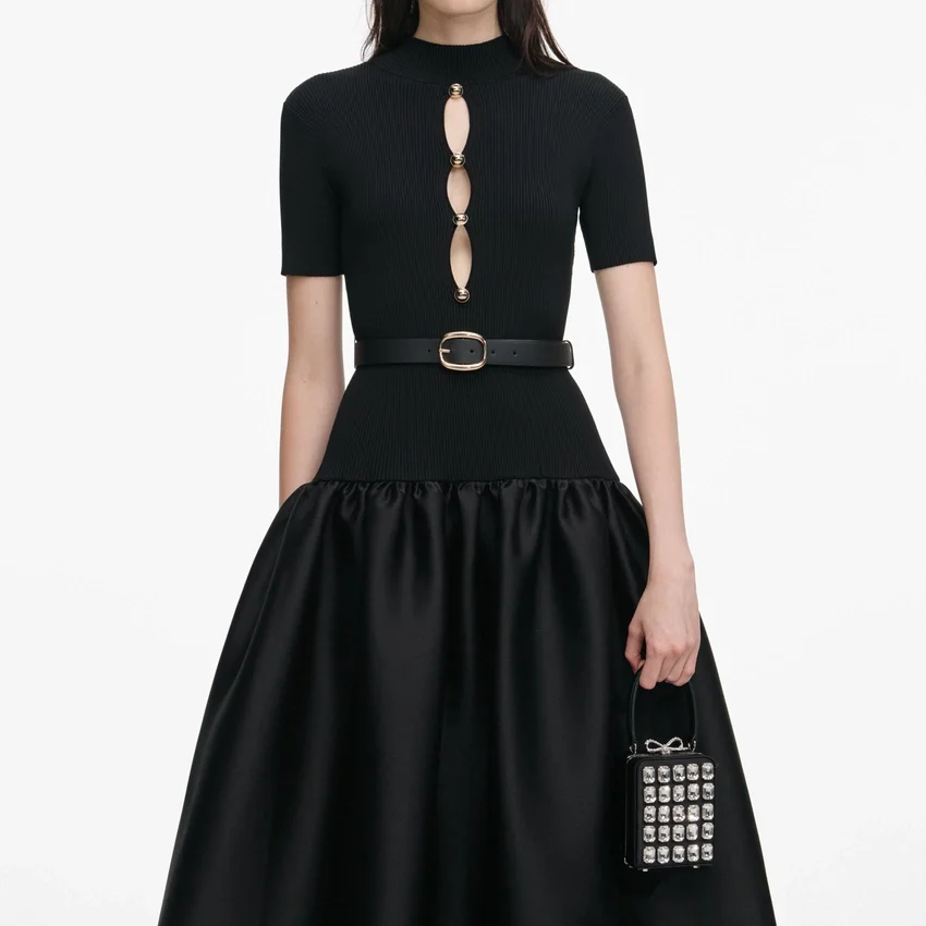 Black Knit Taffeta Midi Dress Black Knit Taffeta Midi Dress