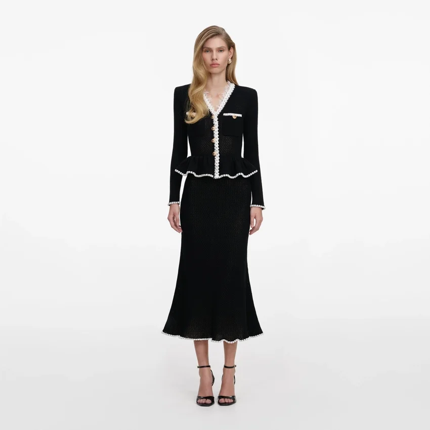 Black Lace Insert Peplum Knit Midi Dress Black Lace Insert Peplum Knit Midi Dress