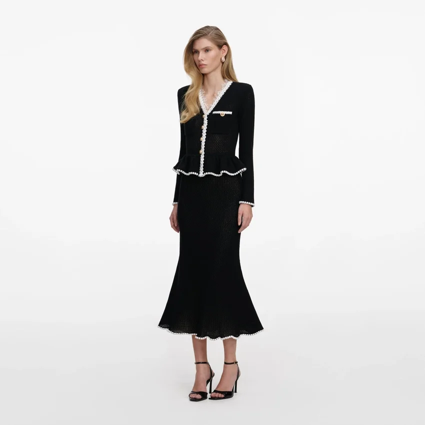 Black Lace Insert Peplum Knit Midi Dress Black Lace Insert Peplum Knit Midi Dress
