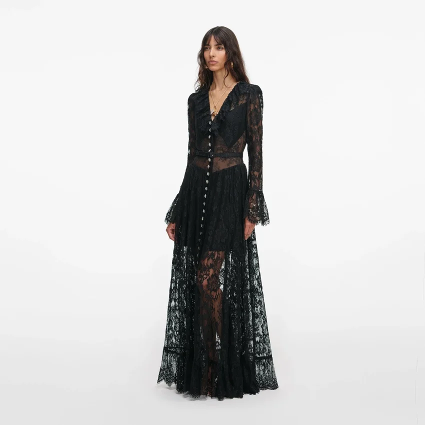 Black Lace Ruffle Maxi Dress Black Lace Ruffle Maxi Dress