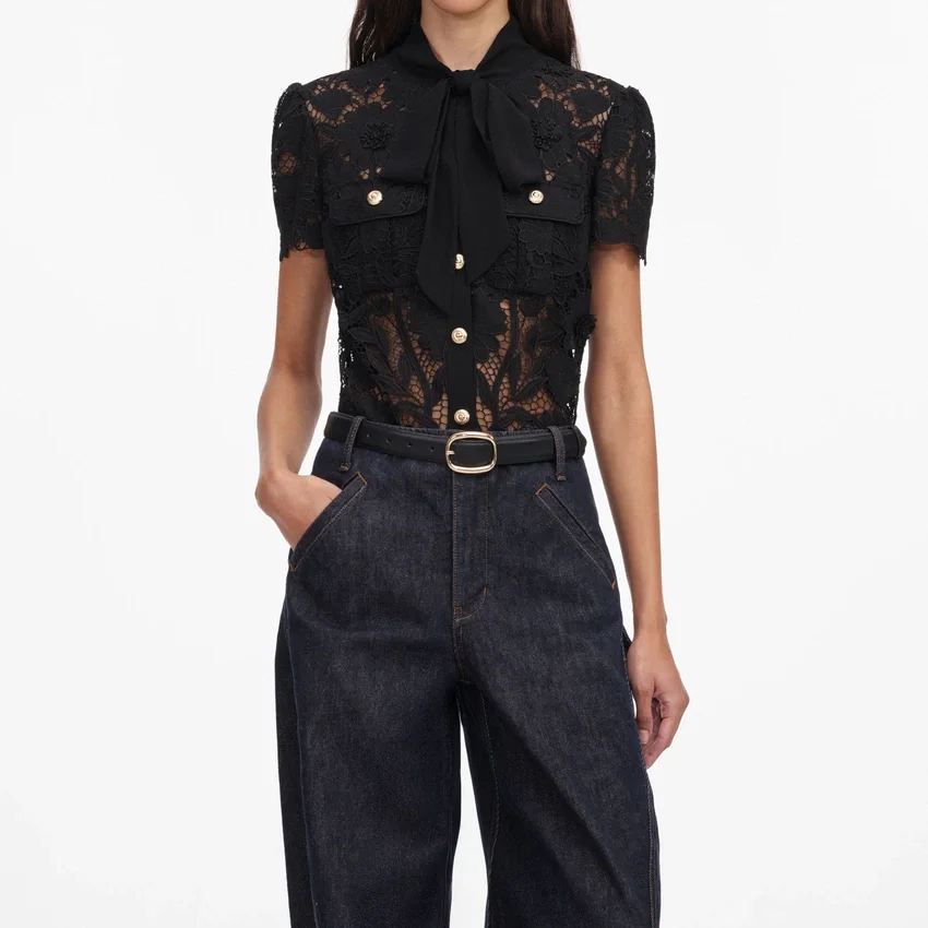 Black Lace Tie Neck Top Black Lace Tie Neck Top