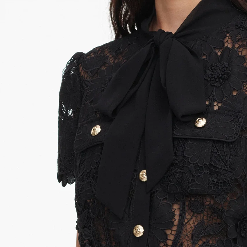 Black Lace Tie Neck Top Black Lace Tie Neck Top
