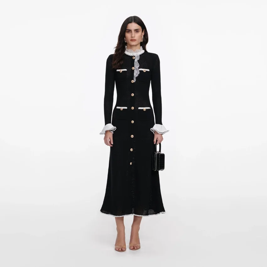 Black Lace Trim Knit Midi Dress Black Lace Trim Knit Midi Dress