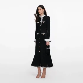 Black Lace Trim Knit Midi Dress