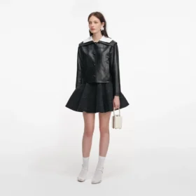 Black Leather Contrast Collar Jacket
