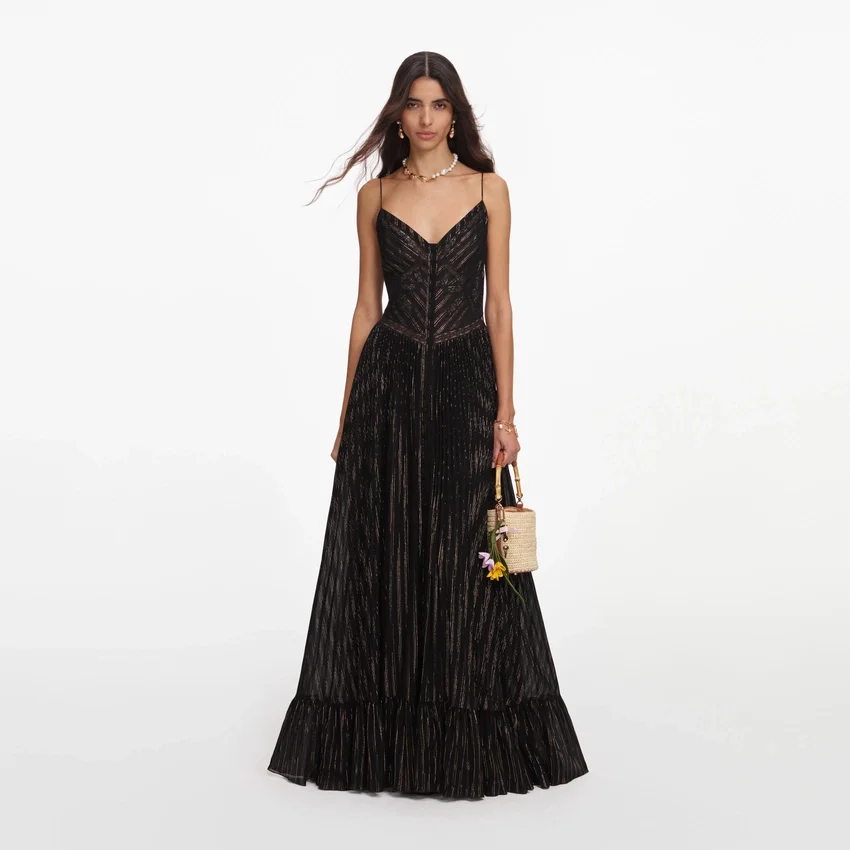 Black Lurex Stripe Pleated Maxi Dress Black Lurex Stripe Pleated Maxi Dress