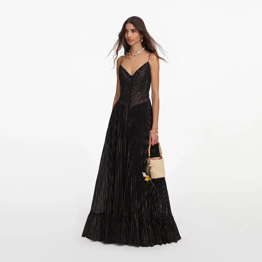 Black Lurex Stripe Pleated Maxi Dress Black Lurex Stripe Pleated Maxi Dress