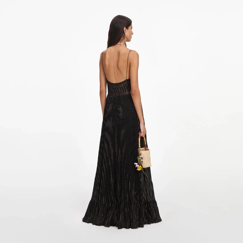 Black Lurex Stripe Pleated Maxi Dress Black Lurex Stripe Pleated Maxi Dress