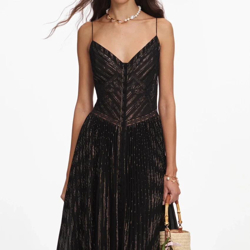 Black Lurex Stripe Pleated Maxi Dress Black Lurex Stripe Pleated Maxi Dress