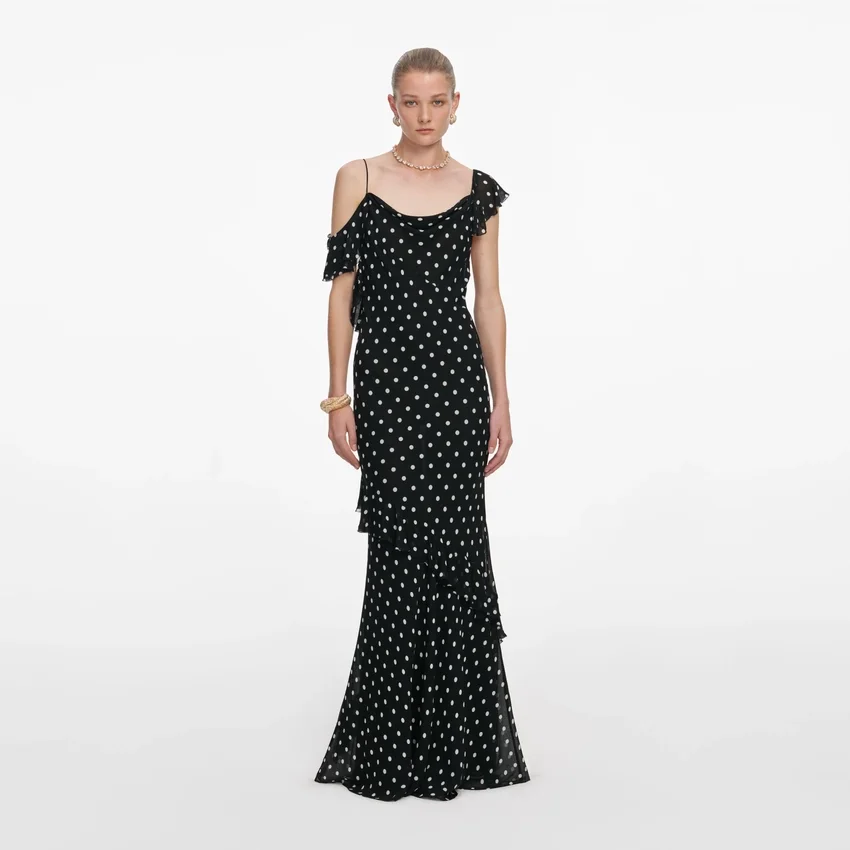 Black Polka Dot Georgette Maxi Dress Black Polka Dot Georgette Maxi Dress