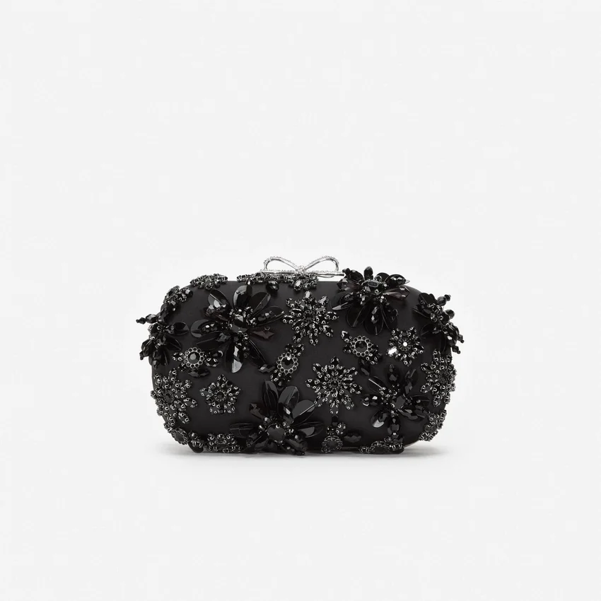 Black Satin Floral Crystal Clutch Bag Black Satin Floral Crystal Clutch Bag