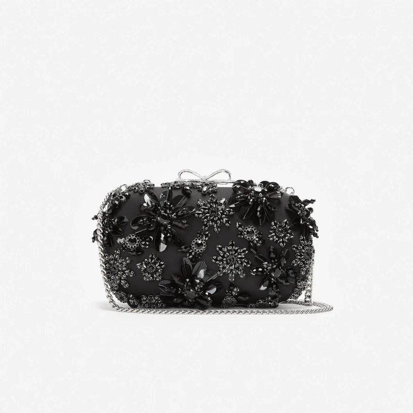 Black Satin Floral Crystal Clutch Bag Black Satin Floral Crystal Clutch Bag