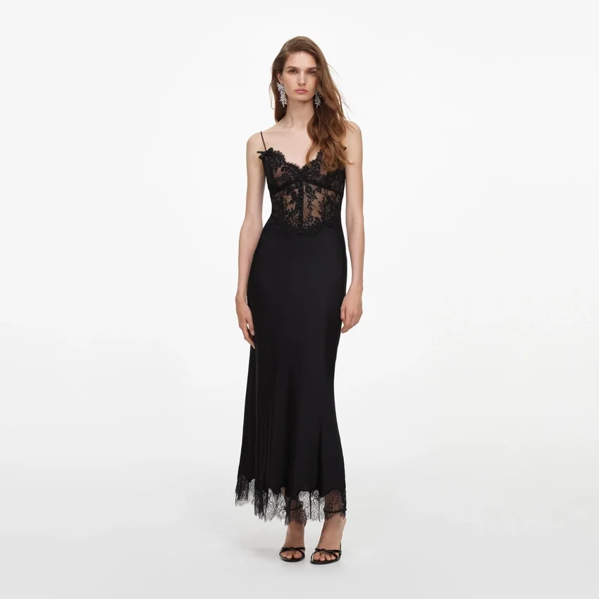 Black Satin Lace Midi Dress Black Satin Lace Midi Dress