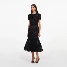 Black Tulle Lace Sequin Midi Dress