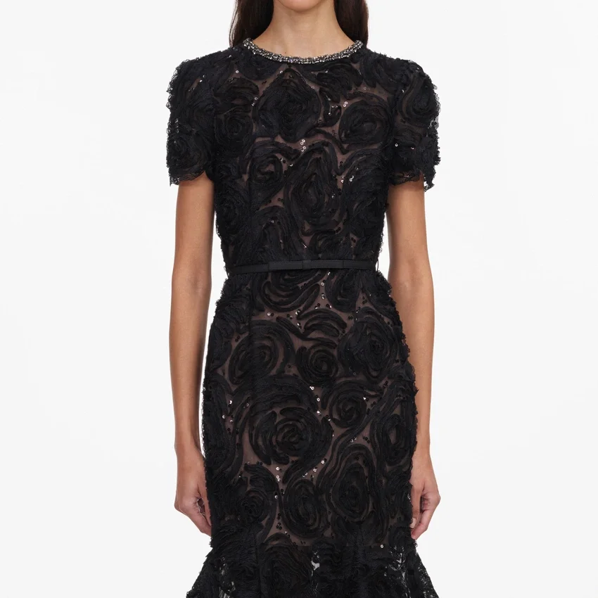 Black Tulle Lace Sequin Midi Dress Black Tulle Lace Sequin Midi Dress