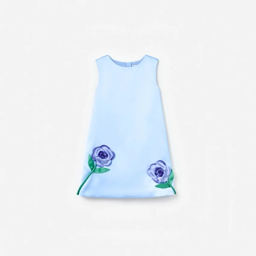 Blue Bonded Satin 3D Flower Dress Blue Bonded Satin 3D Flower Dress