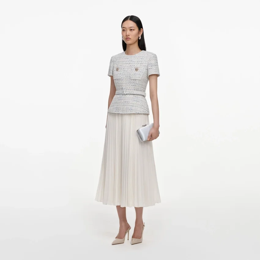 Blue Boucle Chiffon Midi Dress Blue Boucle Chiffon Midi Dress